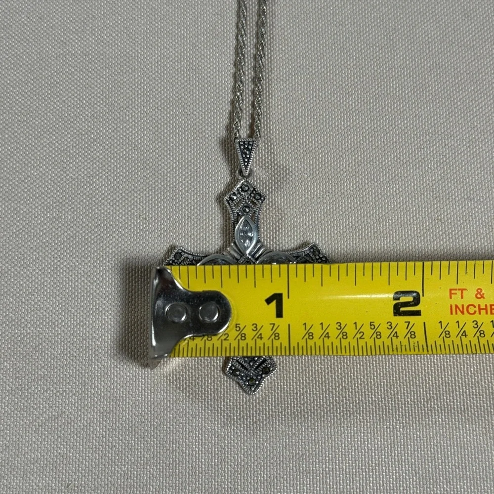 Sterling Silver Cross Necklace Marcasite Clear Crystal 18 in Italian Chain *FLAW
